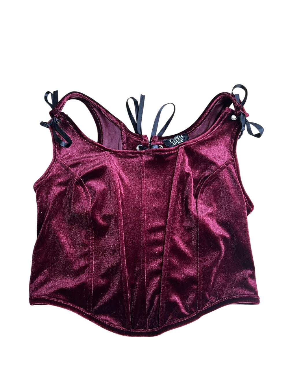 Cosmic Aura Corset Womens XL Red Velvet Overbust Boned Lace Up Eyelet Bow